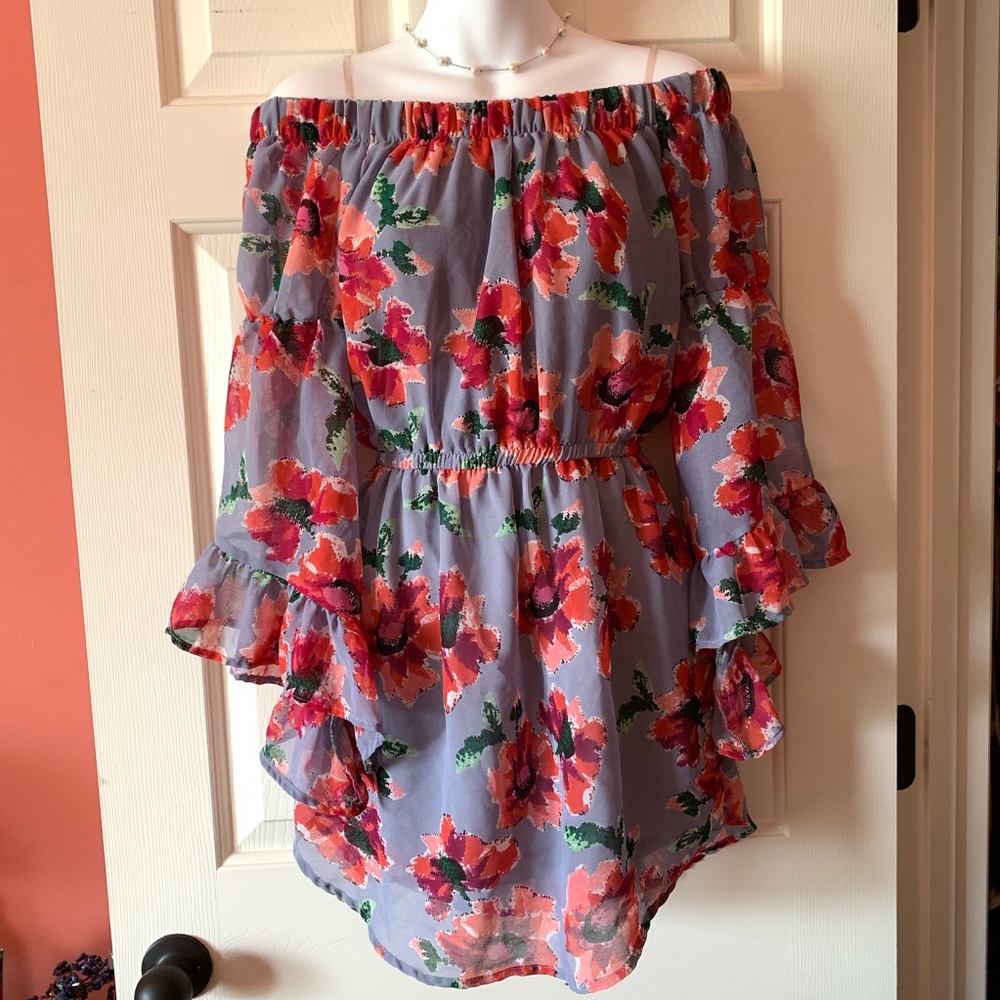 Hint of Blush Off the Shoulder Floral Boho Dress
